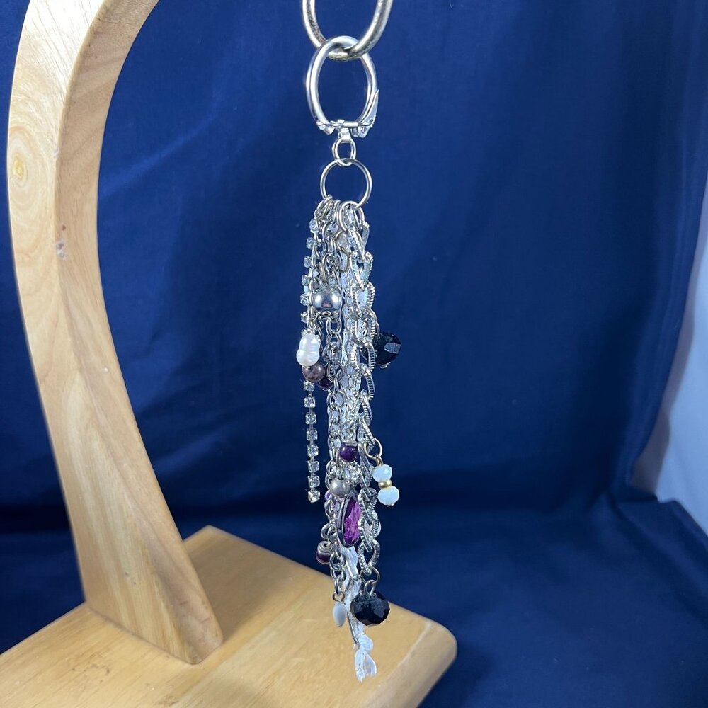 Handcrafted Silver & Beaded Tassel Bag Charm With Purple & Blue Accents